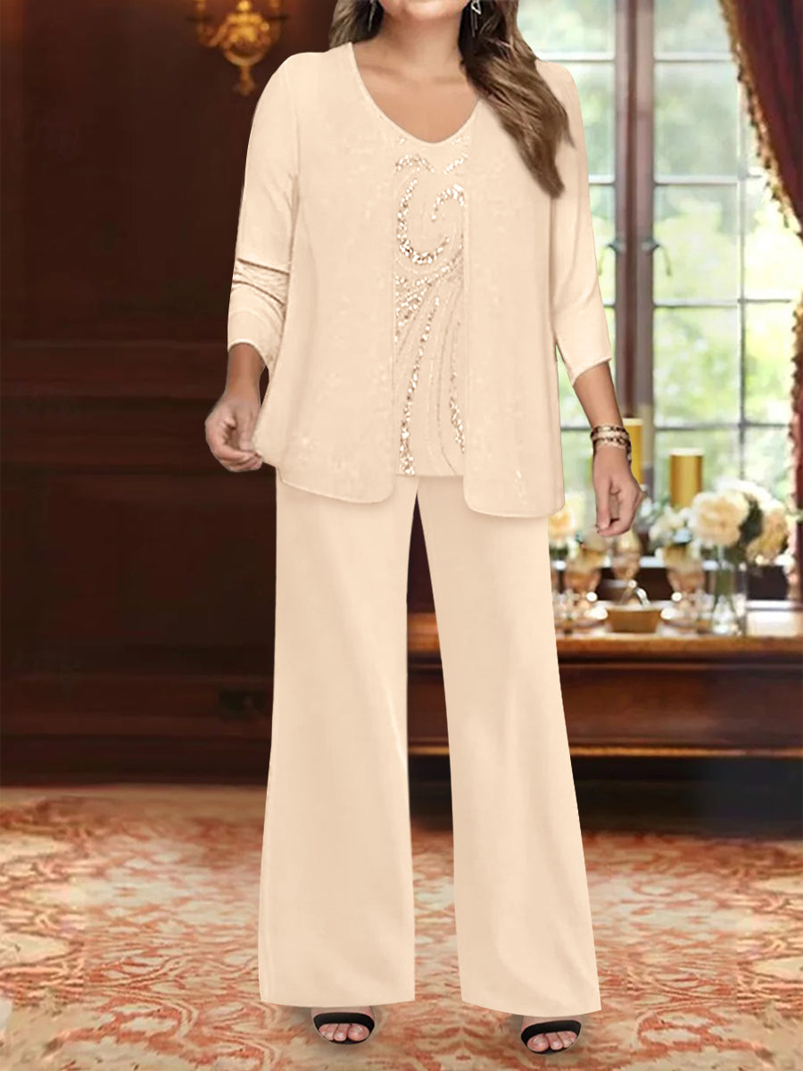 Ensemble 3 Pièces en Mousseline de Soie à Col en V et Longueur Au Sol pour Mère de la Mariée, Grande Taille, avec Veste et Paillettes