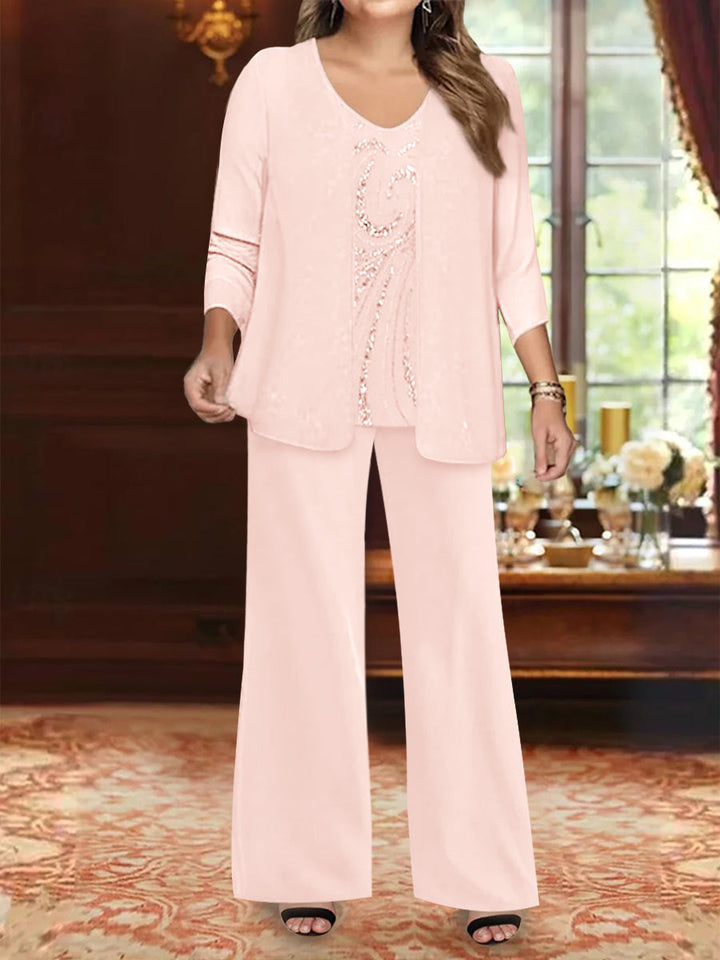 Ensemble 3 Pièces en Mousseline de Soie à Col en V et Longueur Au Sol pour Mère de la Mariée, Grande Taille, avec Veste et Paillettes