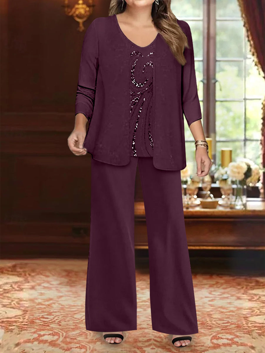 Ensemble 3 Pièces en Mousseline de Soie à Col en V et Longueur Au Sol pour Mère de la Mariée, Grande Taille, avec Veste et Paillettes