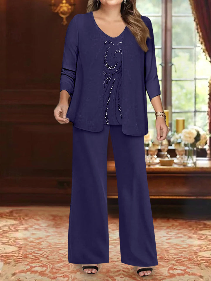 Ensemble 3 Pièces en Mousseline de Soie à Col en V et Longueur Au Sol pour Mère de la Mariée, Grande Taille, avec Veste et Paillettes