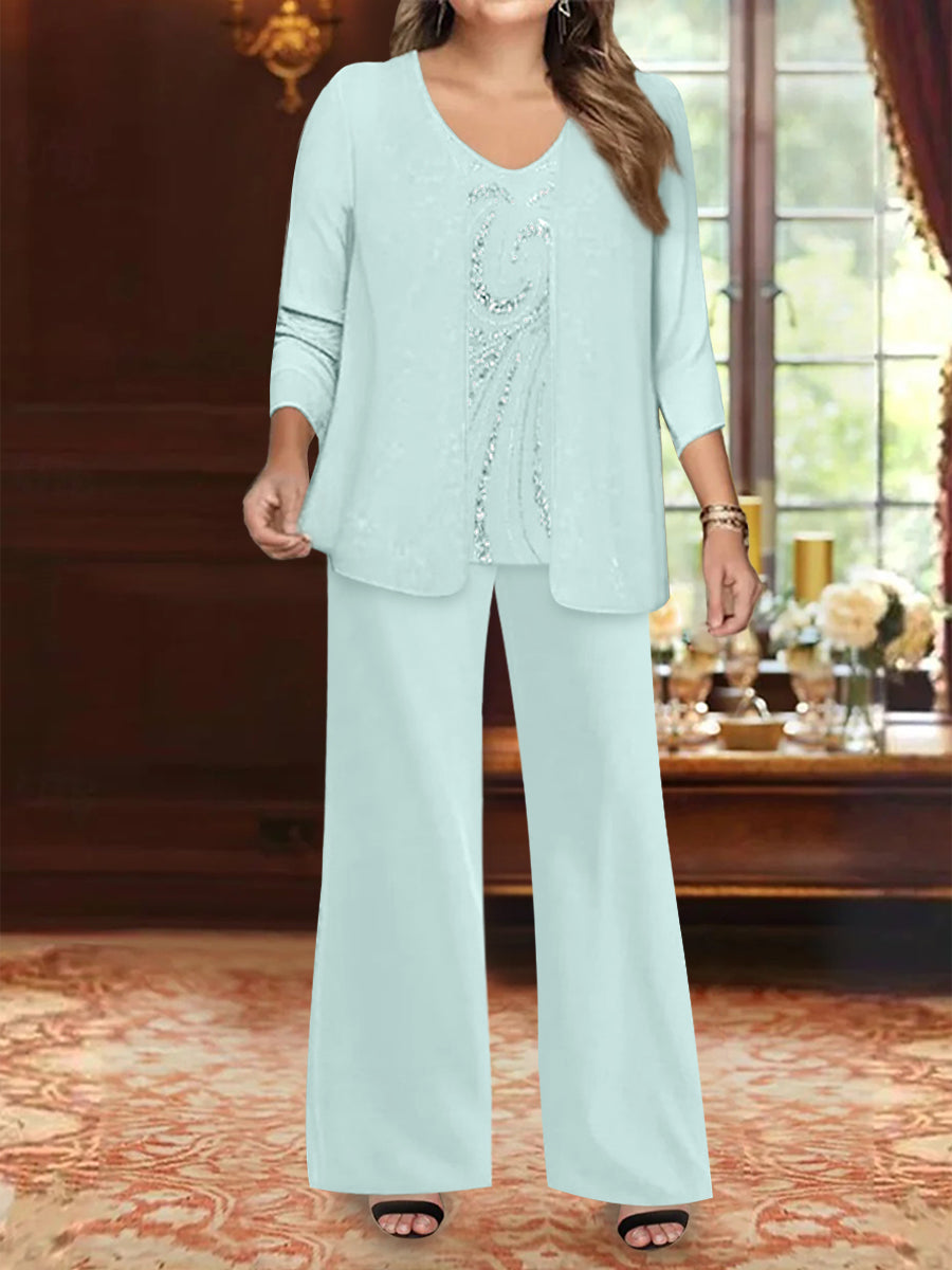Ensemble 3 Pièces en Mousseline de Soie à Col en V et Longueur Au Sol pour Mère de la Mariée, Grande Taille, avec Veste et Paillettes