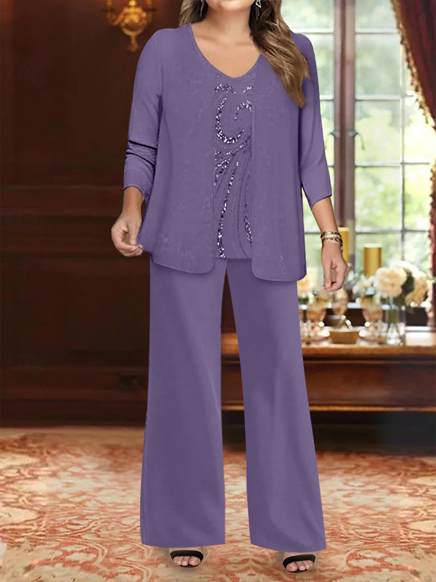 Ensemble 3 Pièces en Mousseline de Soie à Col en V et Longueur Au Sol pour Mère de la Mariée, Grande Taille, avec Veste et Paillettes