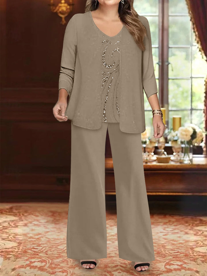 Ensemble 3 Pièces en Mousseline de Soie à Col en V et Longueur Au Sol pour Mère de la Mariée, Grande Taille, avec Veste et Paillettes