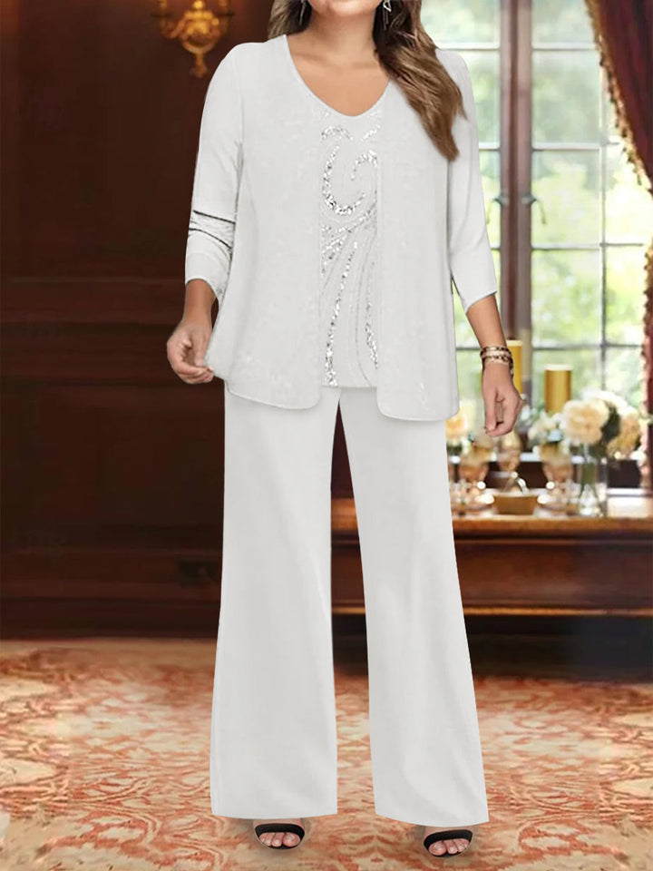 Ensemble 3 Pièces en Mousseline de Soie à Col en V et Longueur Au Sol pour Mère de la Mariée, Grande Taille, avec Veste et Paillettes