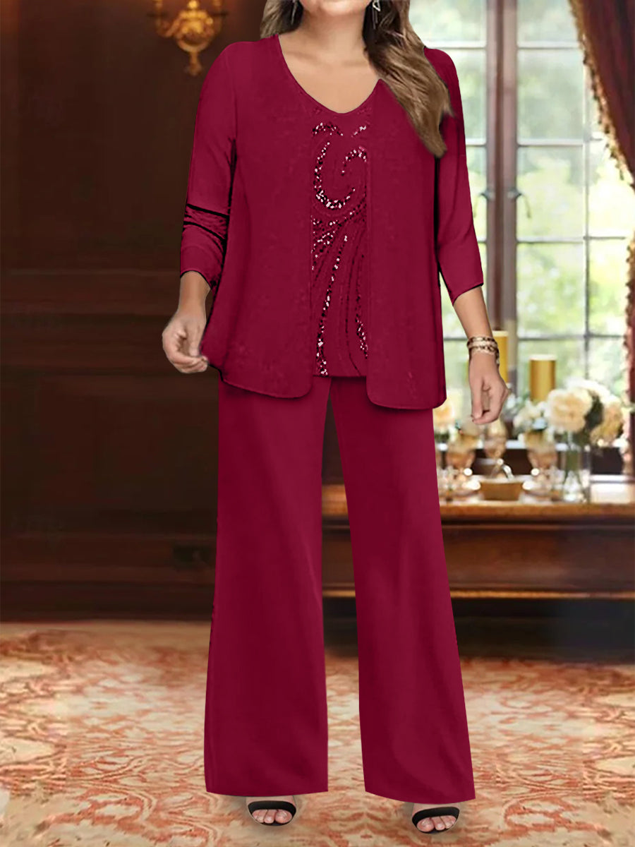 Ensemble 3 Pièces en Mousseline de Soie à Col en V et Longueur Au Sol pour Mère de la Mariée, Grande Taille, avec Veste et Paillettes