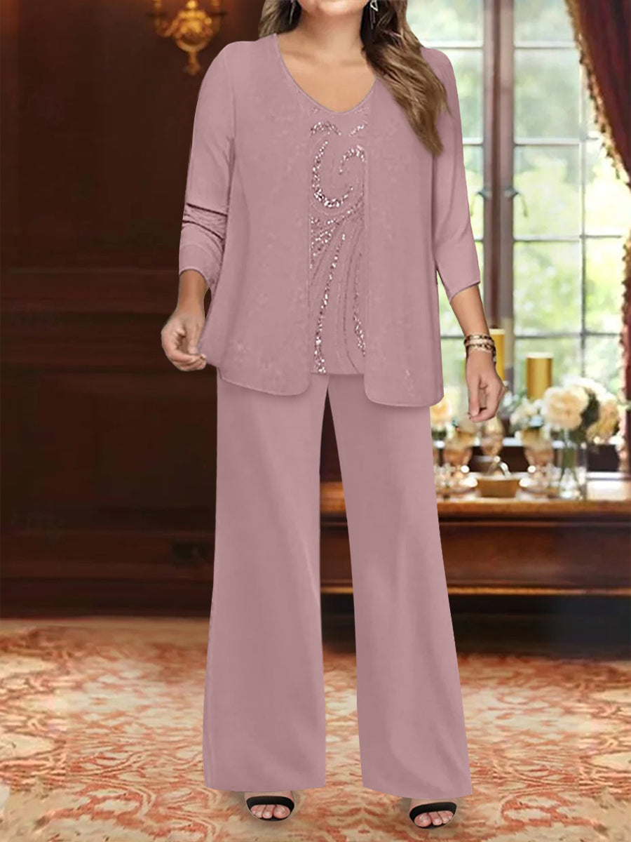 Ensemble 3 Pièces en Mousseline de Soie à Col en V et Longueur Au Sol pour Mère de la Mariée, Grande Taille, avec Veste et Paillettes