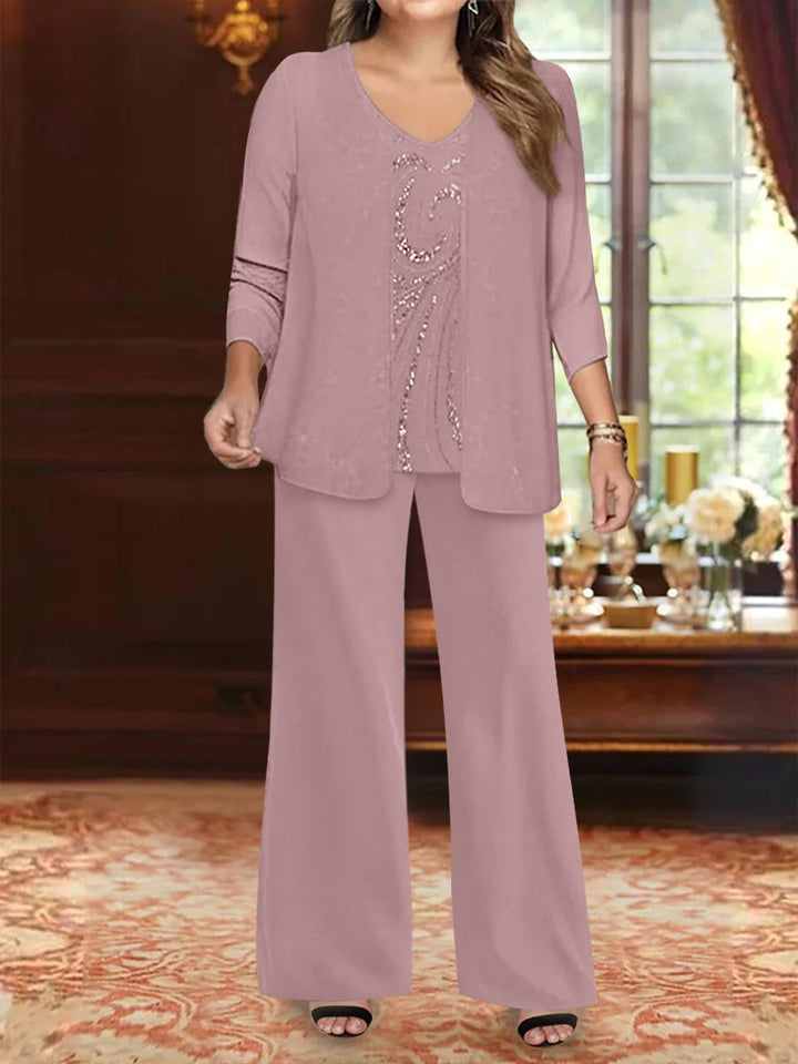 Ensemble 3 Pièces en Mousseline de Soie à Col en V et Longueur Au Sol pour Mère de la Mariée, Grande Taille, avec Veste et Paillettes