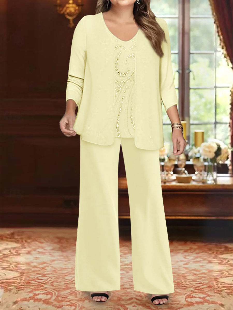 Ensemble 3 Pièces en Mousseline de Soie à Col en V et Longueur Au Sol pour Mère de la Mariée, Grande Taille, avec Veste et Paillettes