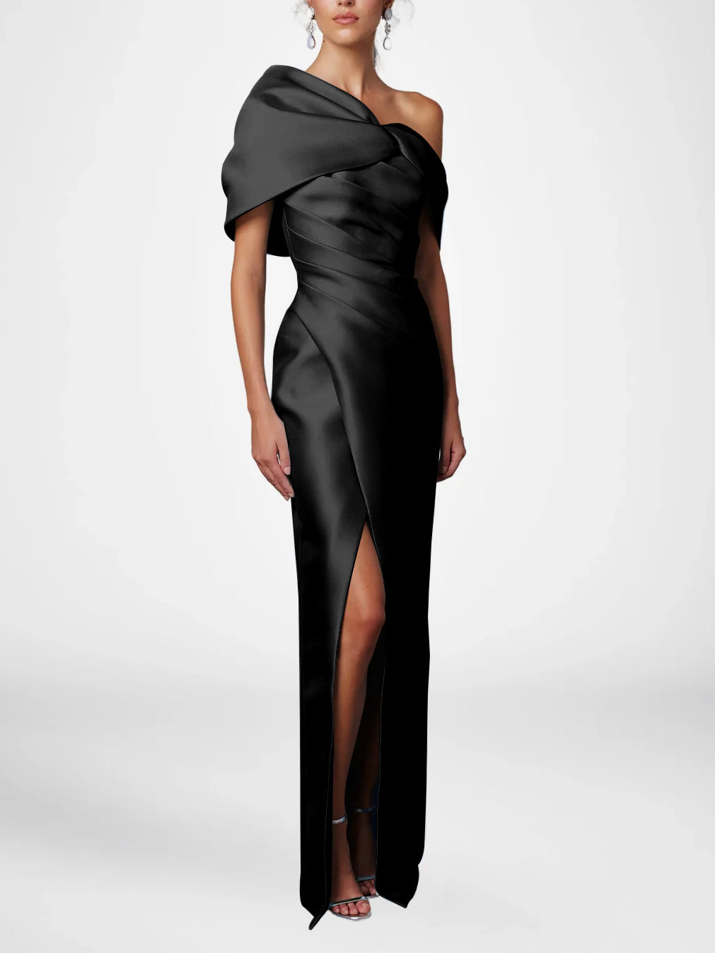 Robe de Mère de la Mariée Fourreau/Colonne à Une Épaule et Demi-Manches, Longueur Au Sol, avec Volants