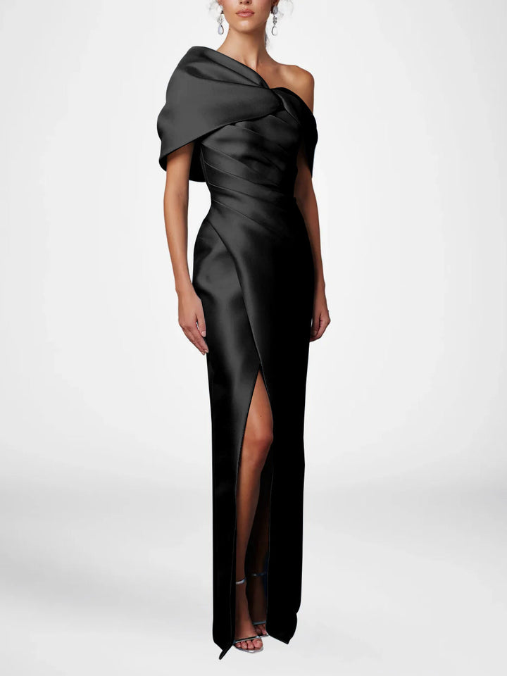 Robe de Mère de la Mariée Fourreau/Colonne à Une Épaule et Demi-Manches, Longueur Au Sol, avec Volants