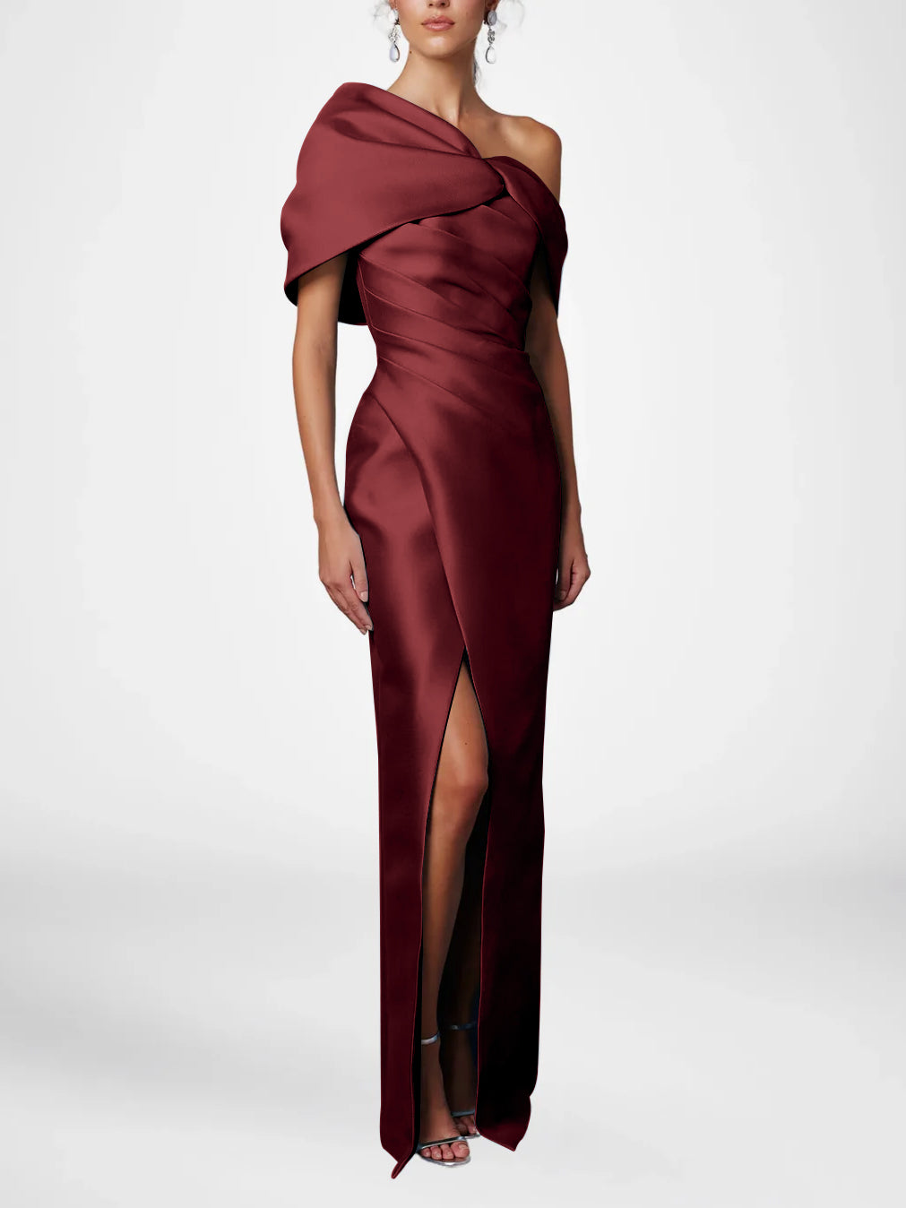 Robe de Mère de la Mariée Fourreau/Colonne à Une Épaule et Demi-Manches, Longueur Au Sol, avec Volants