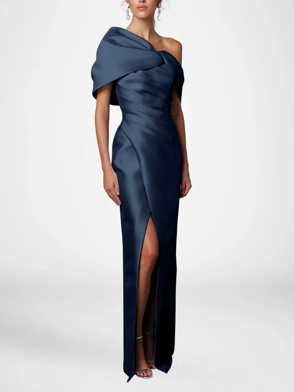 Robe de Mère de la Mariée Fourreau/Colonne à Une Épaule et Demi-Manches, Longueur Au Sol, avec Volants