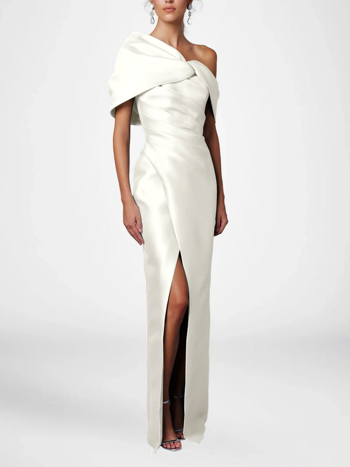 Robe de Mère de la Mariée Fourreau/Colonne à Une Épaule et Demi-Manches, Longueur Au Sol, avec Volants