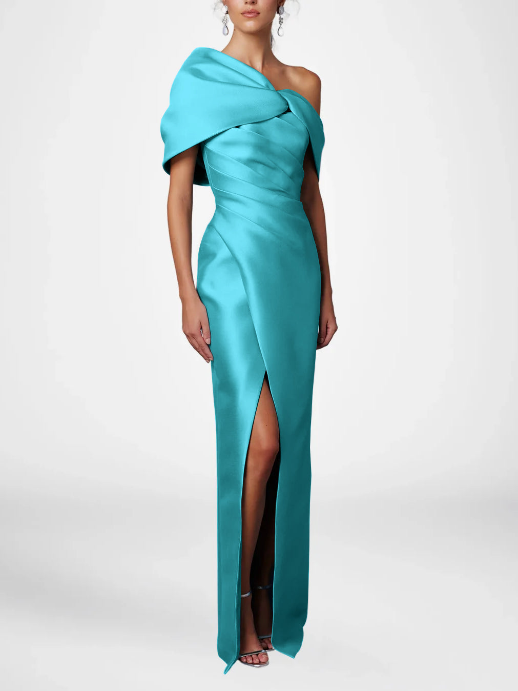 Robe de Mère de la Mariée Fourreau/Colonne à Une Épaule et Demi-Manches, Longueur Au Sol, avec Volants