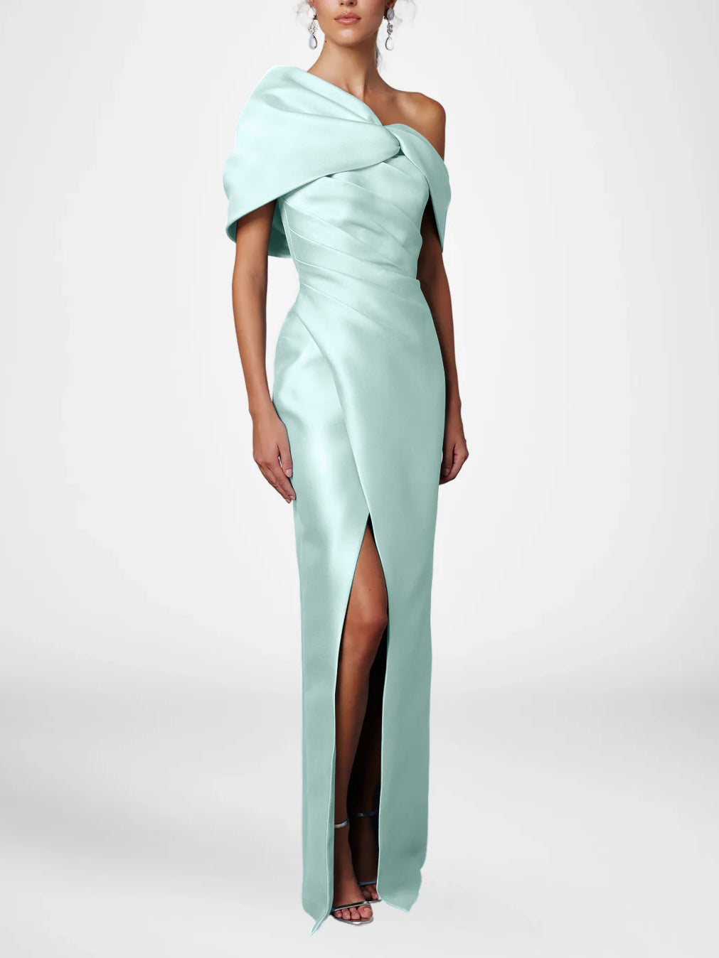 Robe de Mère de la Mariée Fourreau/Colonne à Une Épaule et Demi-Manches, Longueur Au Sol, avec Volants