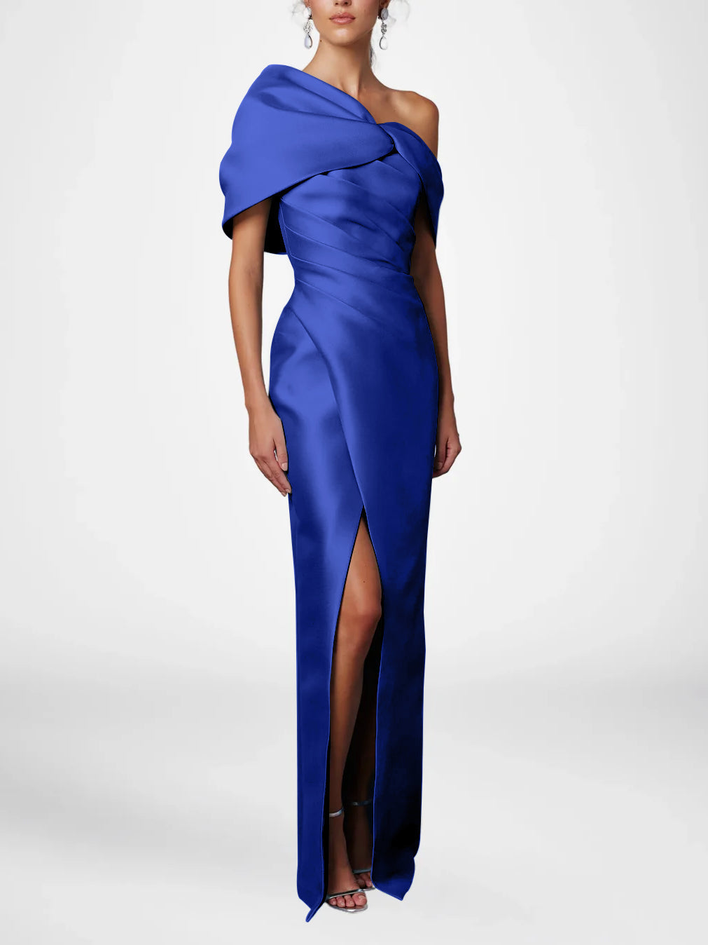 Robe de Mère de la Mariée Fourreau/Colonne à Une Épaule et Demi-Manches, Longueur Au Sol, avec Volants