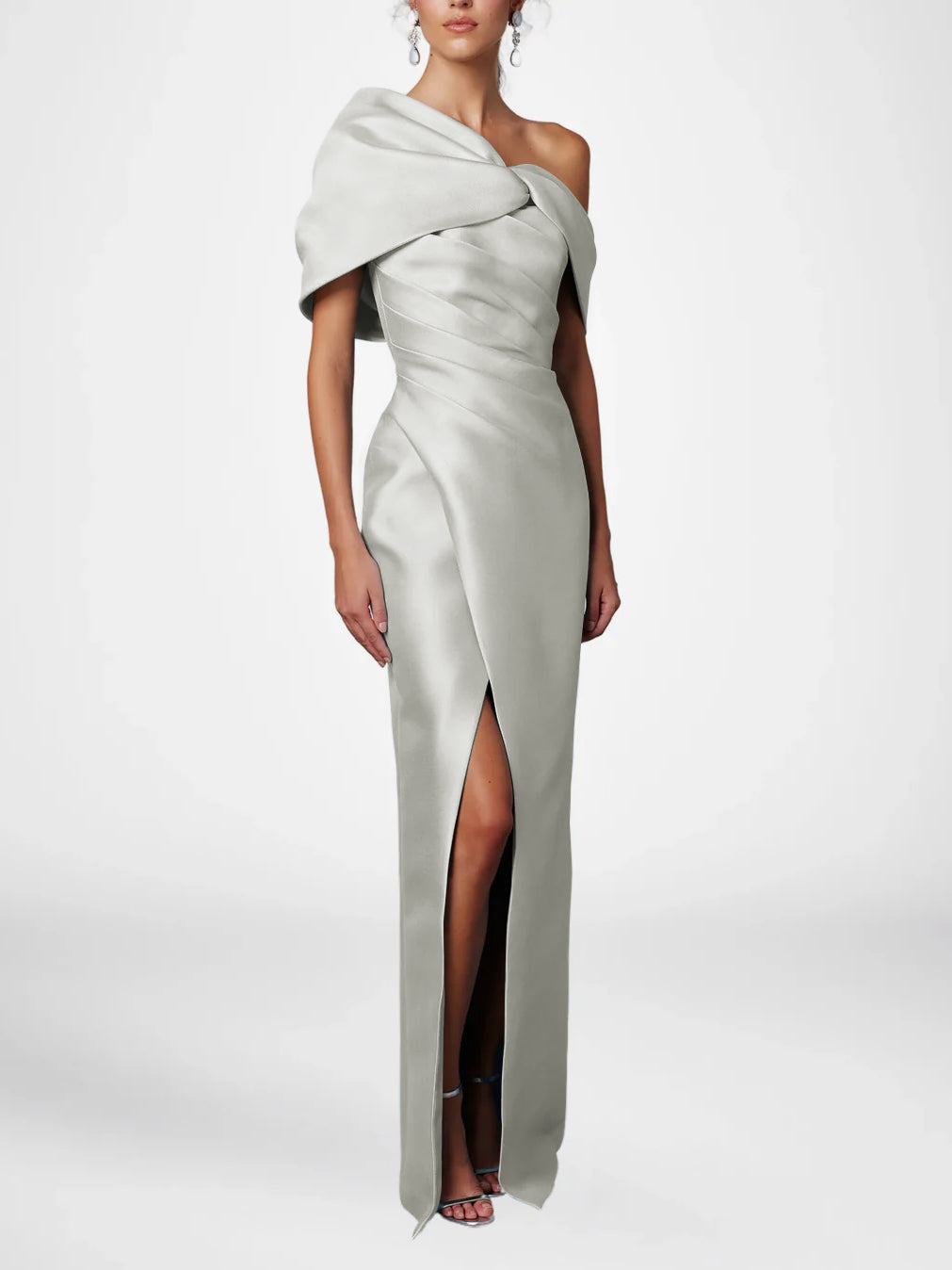 Robe de Mère de la Mariée Fourreau/Colonne à Une Épaule et Demi-Manches, Longueur Au Sol, avec Volants
