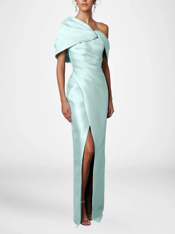 Robe de Mère de la Mariée Fourreau/Colonne à Une Épaule et Demi-Manches, Longueur Au Sol, avec Volants