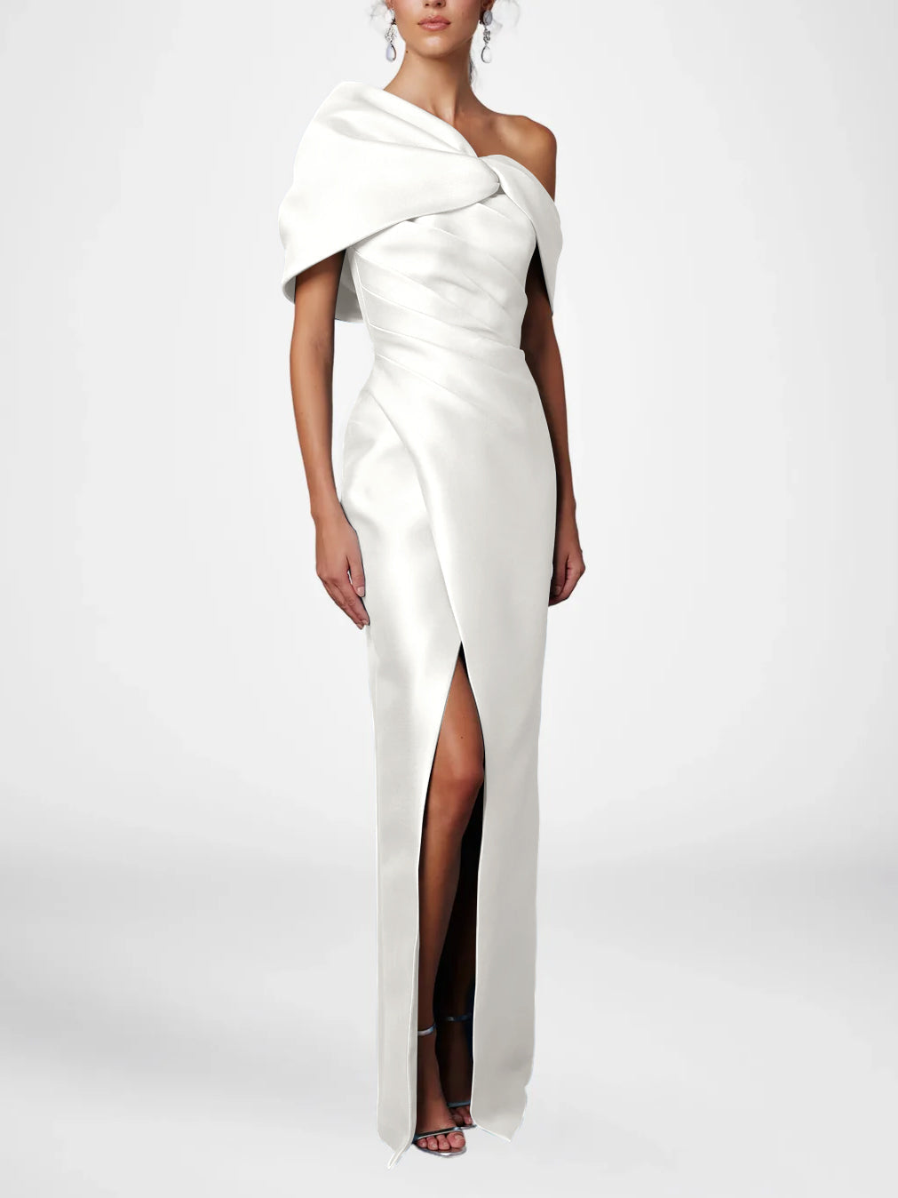Robe de Mère de la Mariée Fourreau/Colonne à Une Épaule et Demi-Manches, Longueur Au Sol, avec Volants