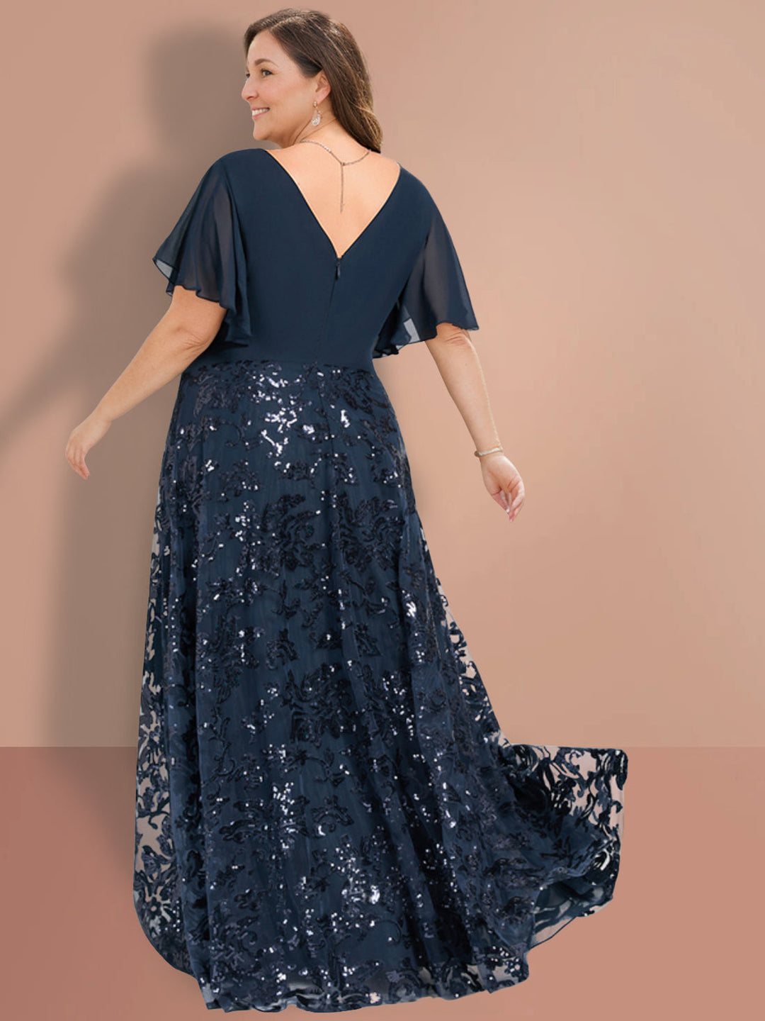 Robe de Mère de la Mariée Coupe A-Line/Princess à Col en V et Manches Courtes, Longueur Au Sol, avec Paillettes