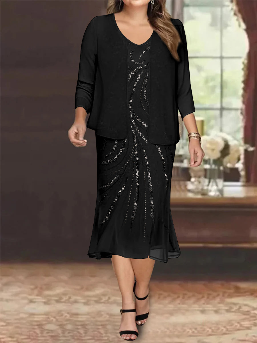 Robe de Mère de la Mariée Grande Taille en Mousseline de Soie 2 Pièces à Col en V Longueur Genou avec Veste et Paillettes