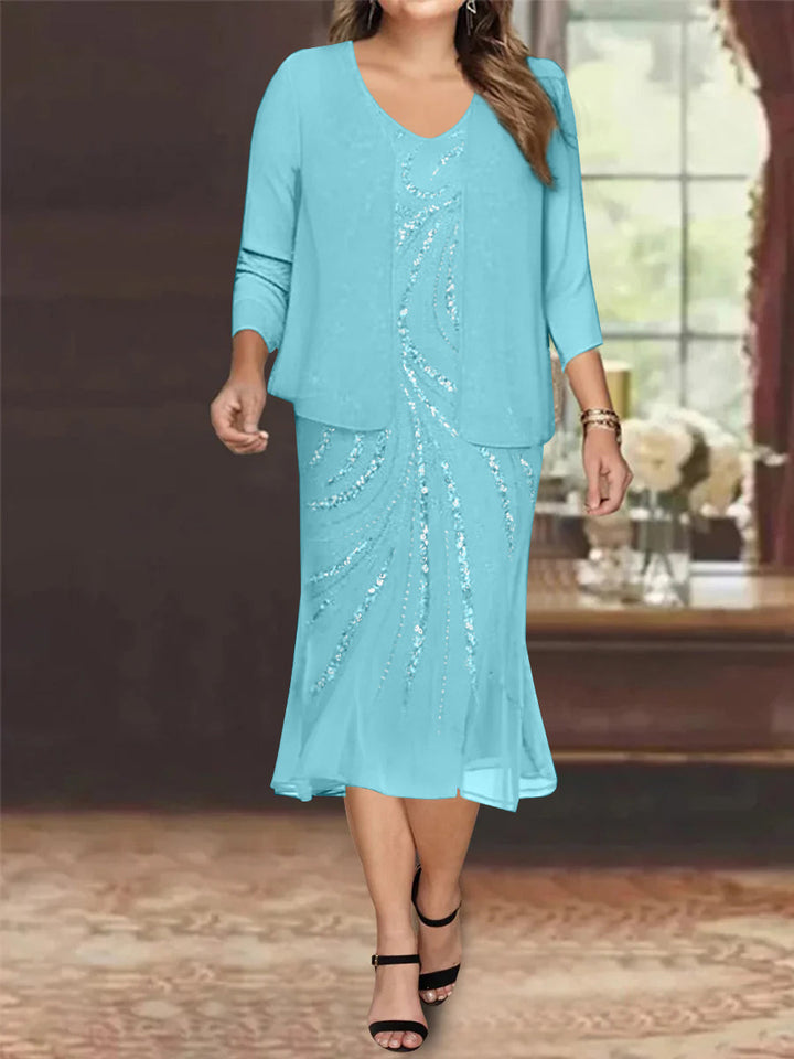 Robe de Mère de la Mariée Grande Taille en Mousseline de Soie 2 Pièces à Col en V Longueur Genou avec Veste et Paillettes