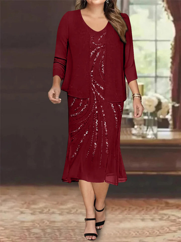 Robe de Mère de la Mariée Grande Taille en Mousseline de Soie 2 Pièces à Col en V Longueur Genou avec Veste et Paillettes