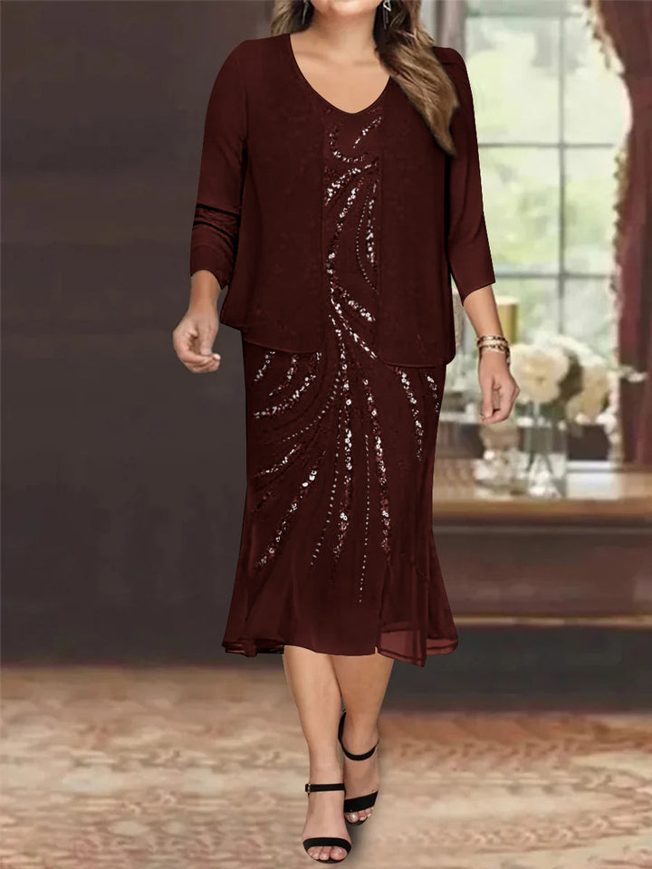 Robe de Mère de la Mariée Grande Taille en Mousseline de Soie 2 Pièces à Col en V Longueur Genou avec Veste et Paillettes