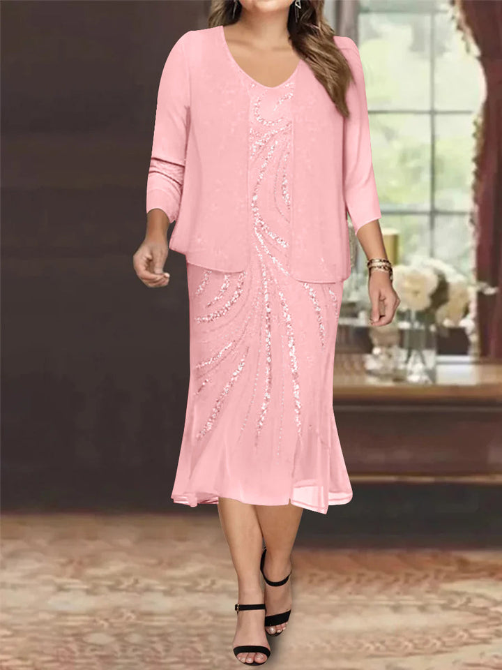 Robe de Mère de la Mariée Grande Taille en Mousseline de Soie 2 Pièces à Col en V Longueur Genou avec Veste et Paillettes