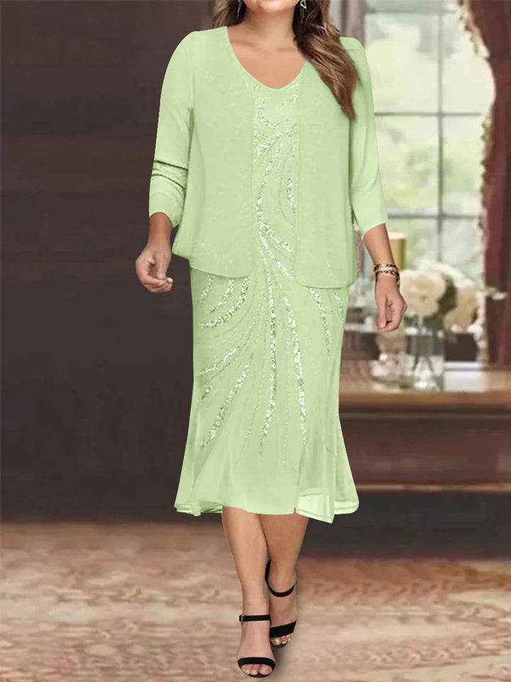 Robe de Mère de la Mariée Grande Taille en Mousseline de Soie 2 Pièces à Col en V Longueur Genou avec Veste et Paillettes