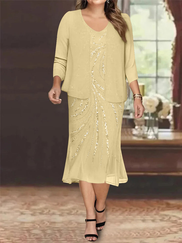 Robe de Mère de la Mariée Grande Taille en Mousseline de Soie 2 Pièces à Col en V Longueur Genou avec Veste et Paillettes