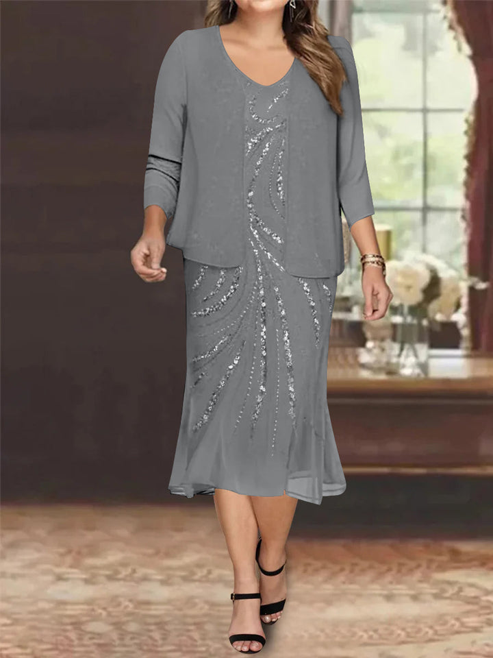 Robe de Mère de la Mariée Grande Taille en Mousseline de Soie 2 Pièces à Col en V Longueur Genou avec Veste et Paillettes