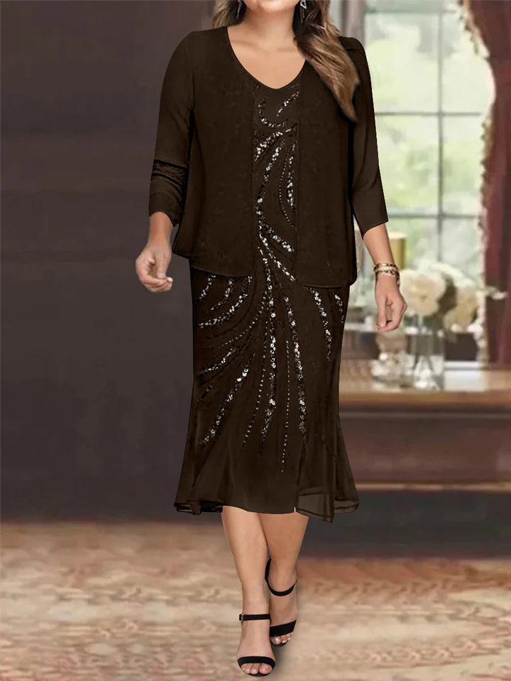 Robe de Mère de la Mariée Grande Taille en Mousseline de Soie 2 Pièces à Col en V Longueur Genou avec Veste et Paillettes