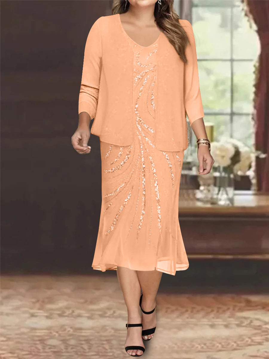 Robe de Mère de la Mariée Grande Taille en Mousseline de Soie 2 Pièces à Col en V Longueur Genou avec Veste et Paillettes