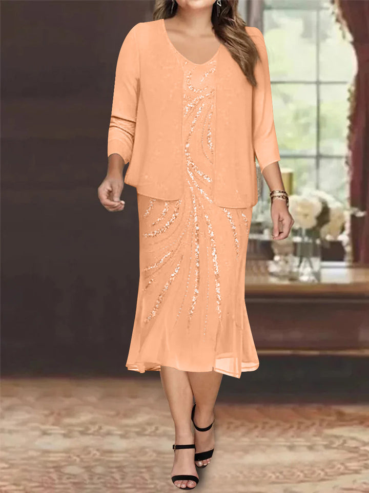 Robe de Mère de la Mariée Grande Taille en Mousseline de Soie 2 Pièces à Col en V Longueur Genou avec Veste et Paillettes