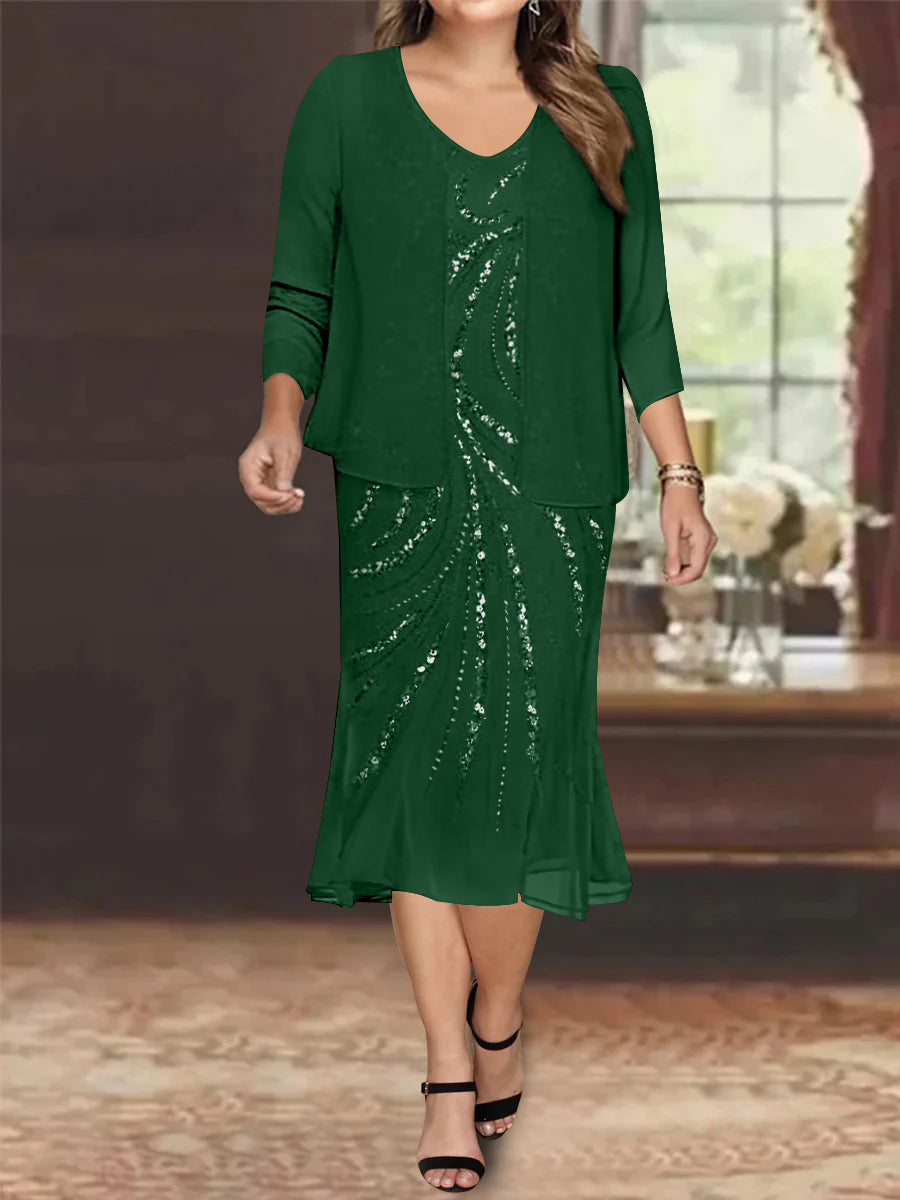 Robe de Mère de la Mariée Grande Taille en Mousseline de Soie 2 Pièces à Col en V Longueur Genou avec Veste et Paillettes