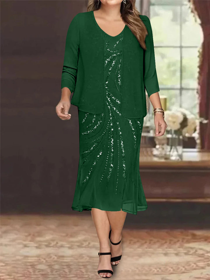 Robe de Mère de la Mariée Grande Taille en Mousseline de Soie 2 Pièces à Col en V Longueur Genou avec Veste et Paillettes
