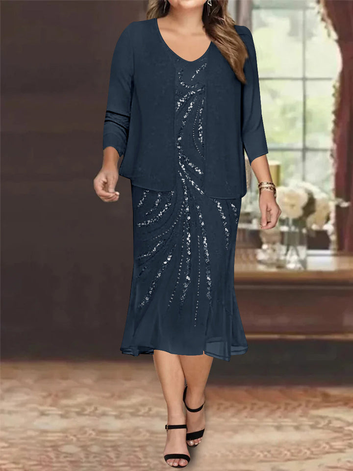 Robe de Mère de la Mariée Grande Taille en Mousseline de Soie 2 Pièces à Col en V Longueur Genou avec Veste et Paillettes