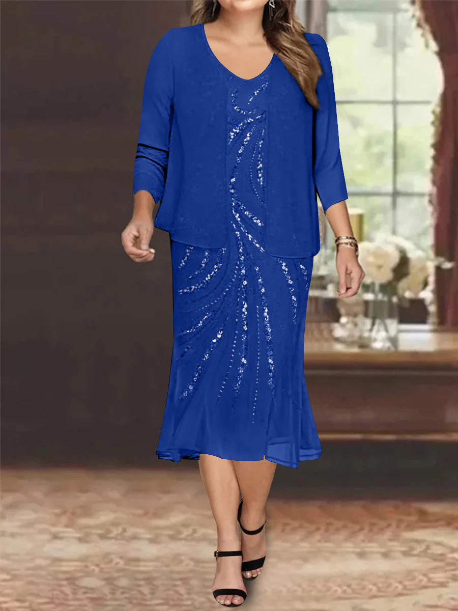 Robe de Mère de la Mariée Grande Taille en Mousseline de Soie 2 Pièces à Col en V Longueur Genou avec Veste et Paillettes