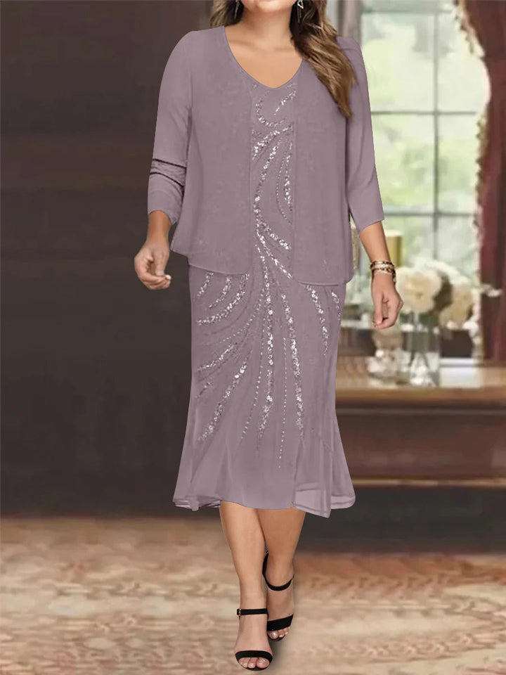 Robe de Mère de la Mariée Grande Taille en Mousseline de Soie 2 Pièces à Col en V Longueur Genou avec Veste et Paillettes
