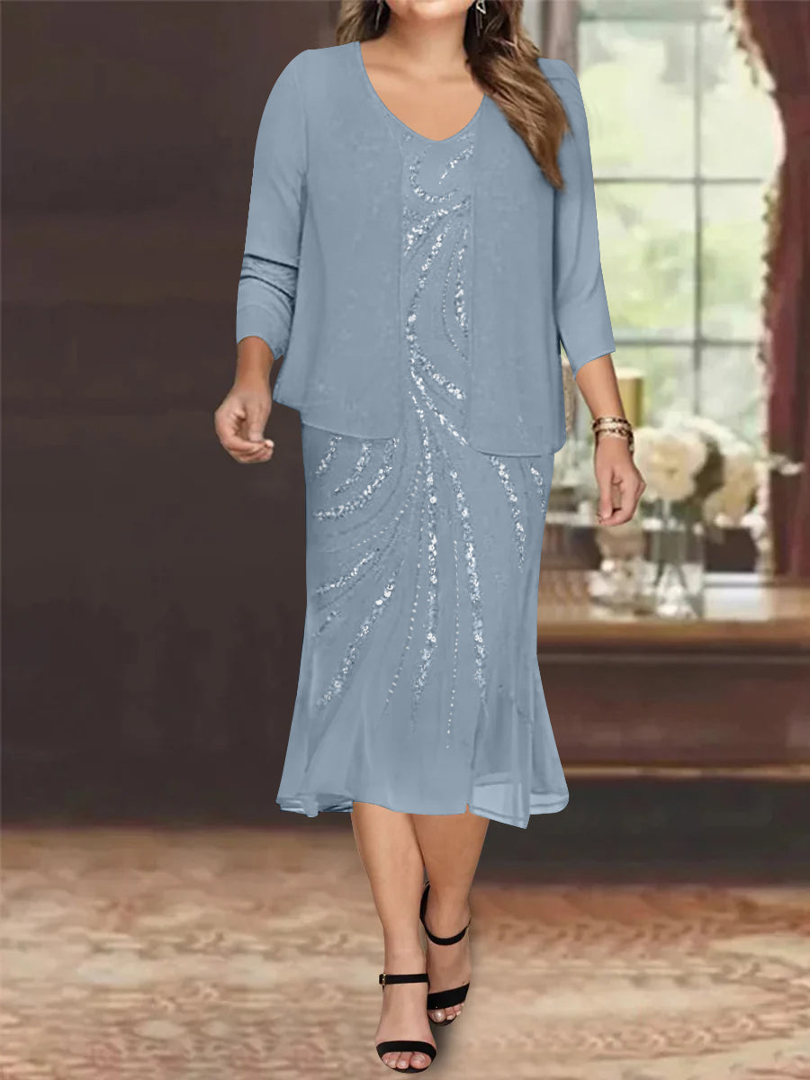 Robe de Mère de la Mariée Grande Taille en Mousseline de Soie 2 Pièces à Col en V Longueur Genou avec Veste et Paillettes