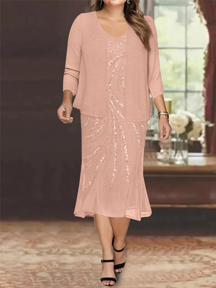 Robe de Mère de la Mariée Grande Taille en Mousseline de Soie 2 Pièces à Col en V Longueur Genou avec Veste et Paillettes
