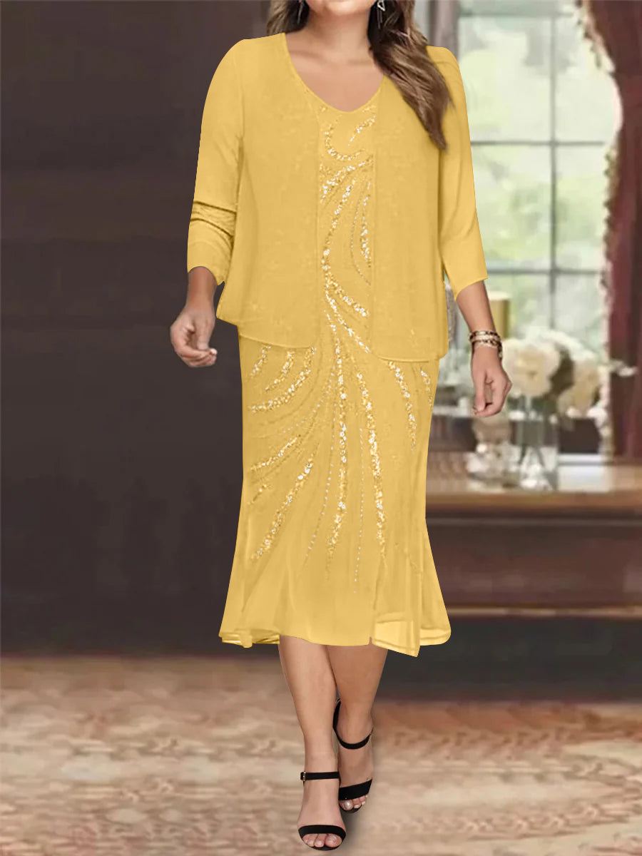 Robe de Mère de la Mariée Grande Taille en Mousseline de Soie 2 Pièces à Col en V Longueur Genou avec Veste et Paillettes