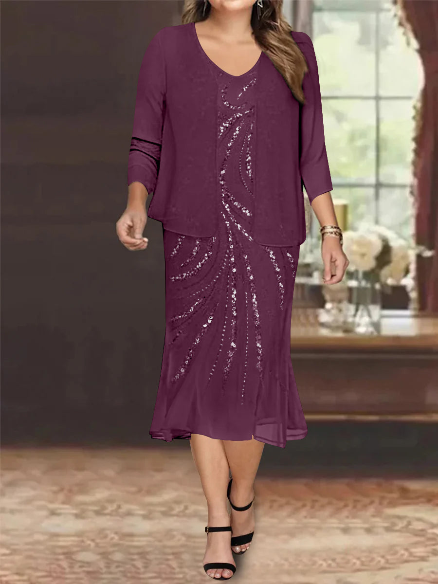 Robe de Mère de la Mariée Grande Taille en Mousseline de Soie 2 Pièces à Col en V Longueur Genou avec Veste et Paillettes