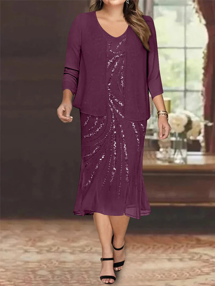 Robe de Mère de la Mariée Grande Taille en Mousseline de Soie 2 Pièces à Col en V Longueur Genou avec Veste et Paillettes
