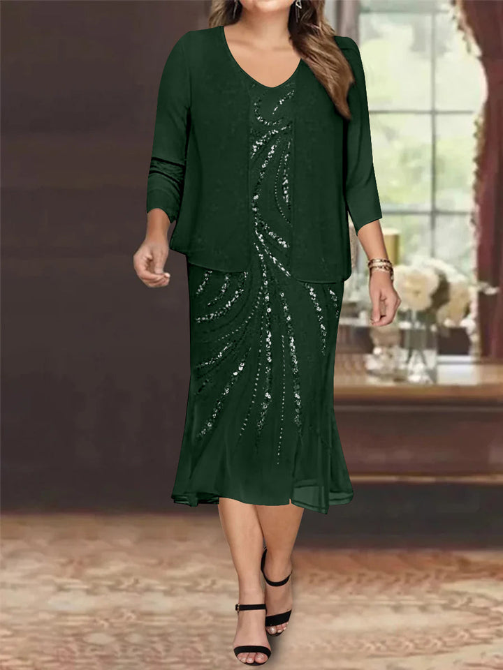 Robe de Mère de la Mariée Grande Taille en Mousseline de Soie 2 Pièces à Col en V Longueur Genou avec Veste et Paillettes