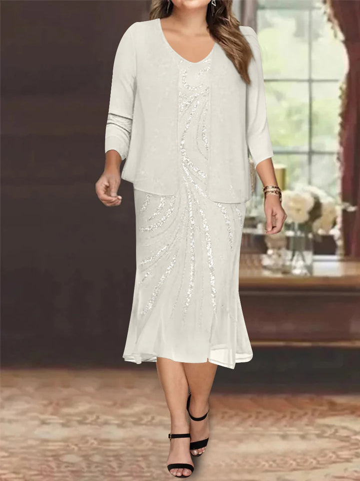 Robe de Mère de la Mariée Grande Taille en Mousseline de Soie 2 Pièces à Col en V Longueur Genou avec Veste et Paillettes