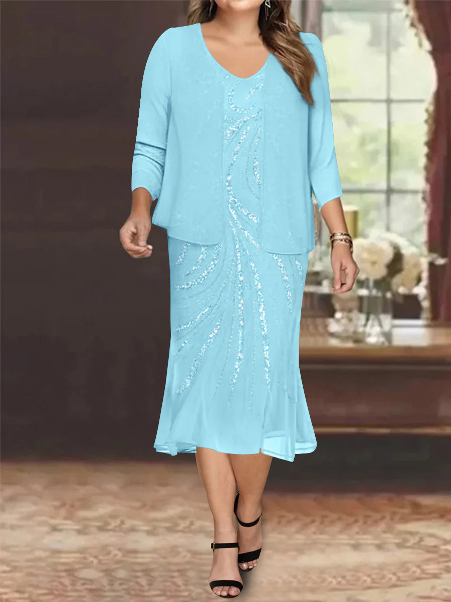 Robe de Mère de la Mariée Grande Taille en Mousseline de Soie 2 Pièces à Col en V Longueur Genou avec Veste et Paillettes