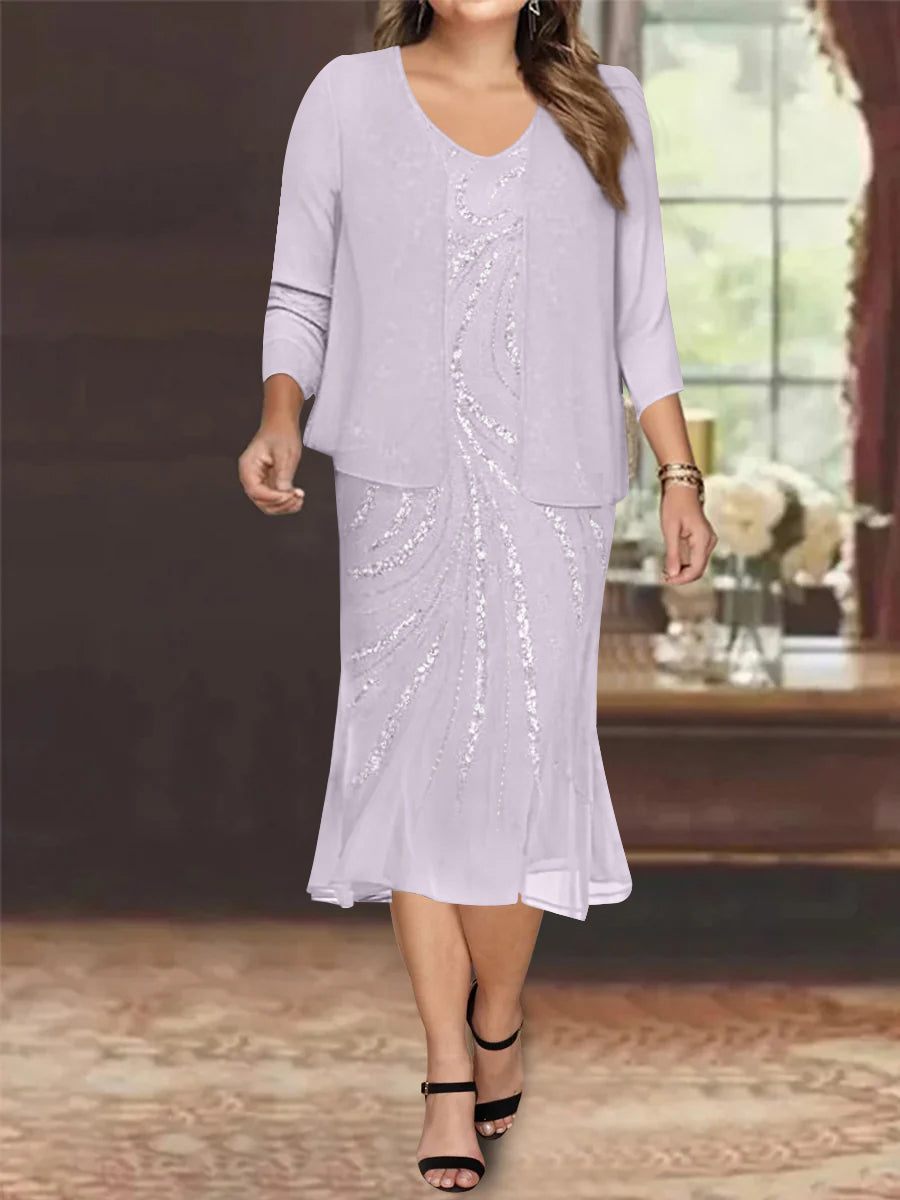 Robe de Mère de la Mariée Grande Taille en Mousseline de Soie 2 Pièces à Col en V Longueur Genou avec Veste et Paillettes