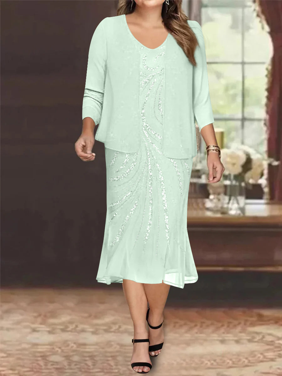 Robe de Mère de la Mariée Grande Taille en Mousseline de Soie 2 Pièces à Col en V Longueur Genou avec Veste et Paillettes